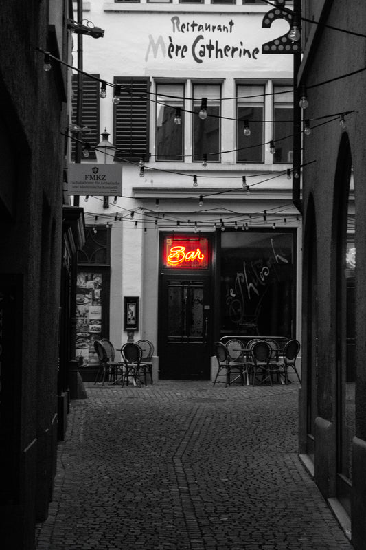Black and White Alley with Neon Sign Lustre Print